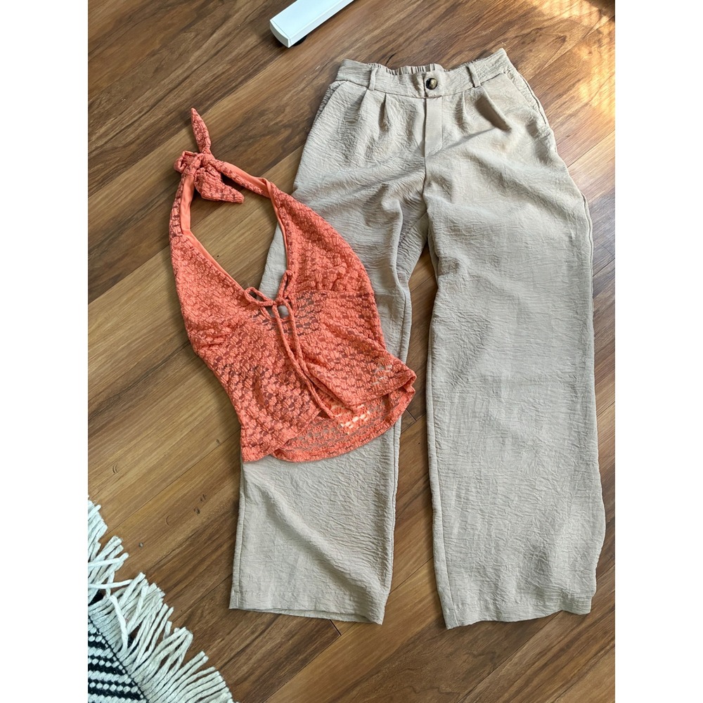 Monteau Los Angeles Beige Crinkle Textured Wide Leg Pants High Waist Pleated M